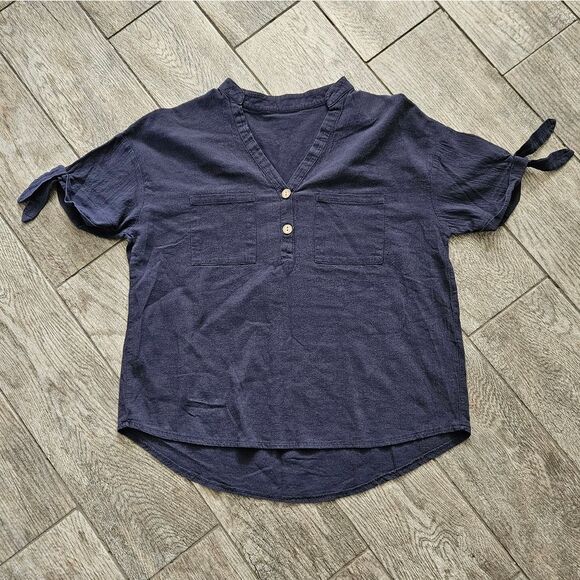 Navy Blue Linen Blend Short Sleeve Shirt - Picture 1 of 7